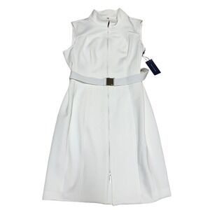 Tommy Hilfiger Womens White Scuba Crepe Sleeveless Zip Front Belted Dress 14